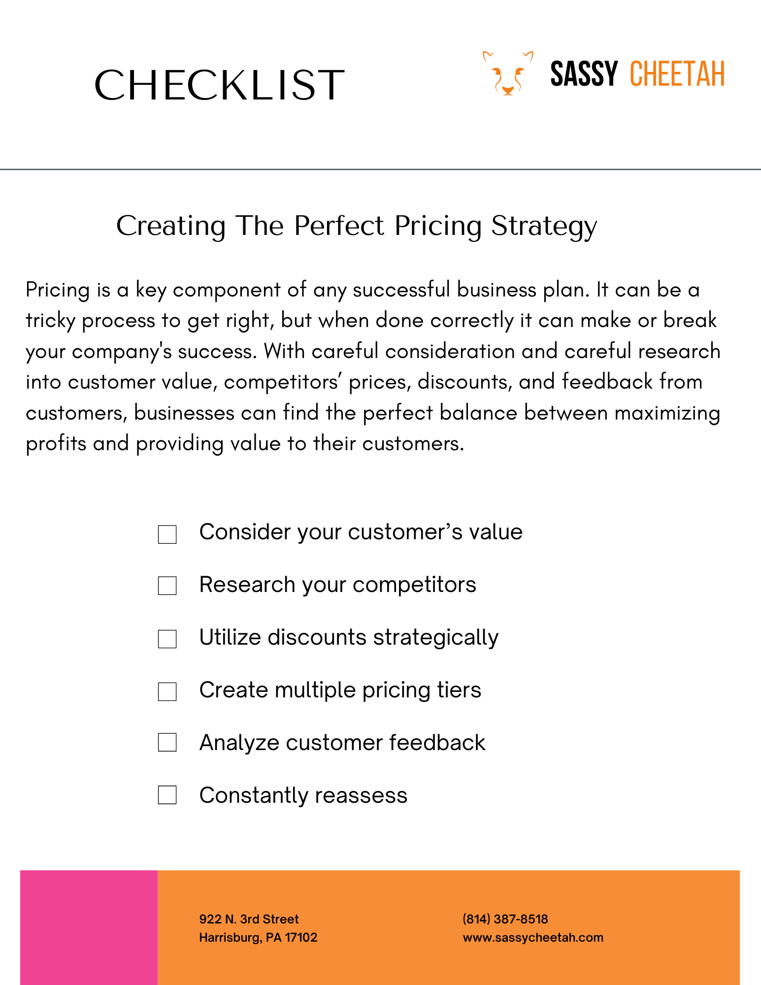 pricing strategies checklist